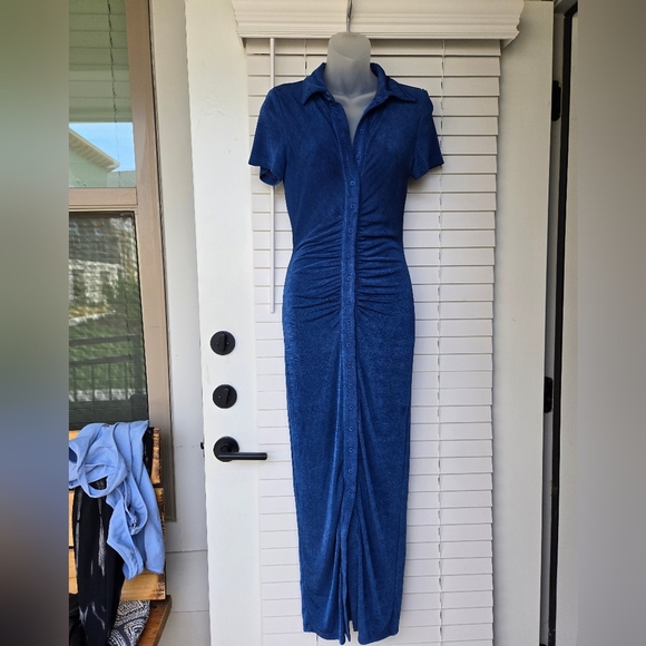 Fashion Nova Silky Smooth Slinky Maxi Dress - Royal Blue Button Up Sz M - Picture 2 of 11